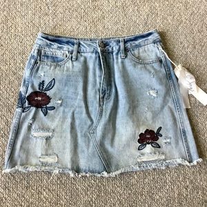 Taylor & Sage Distressed Embroidered Denim Skirt
